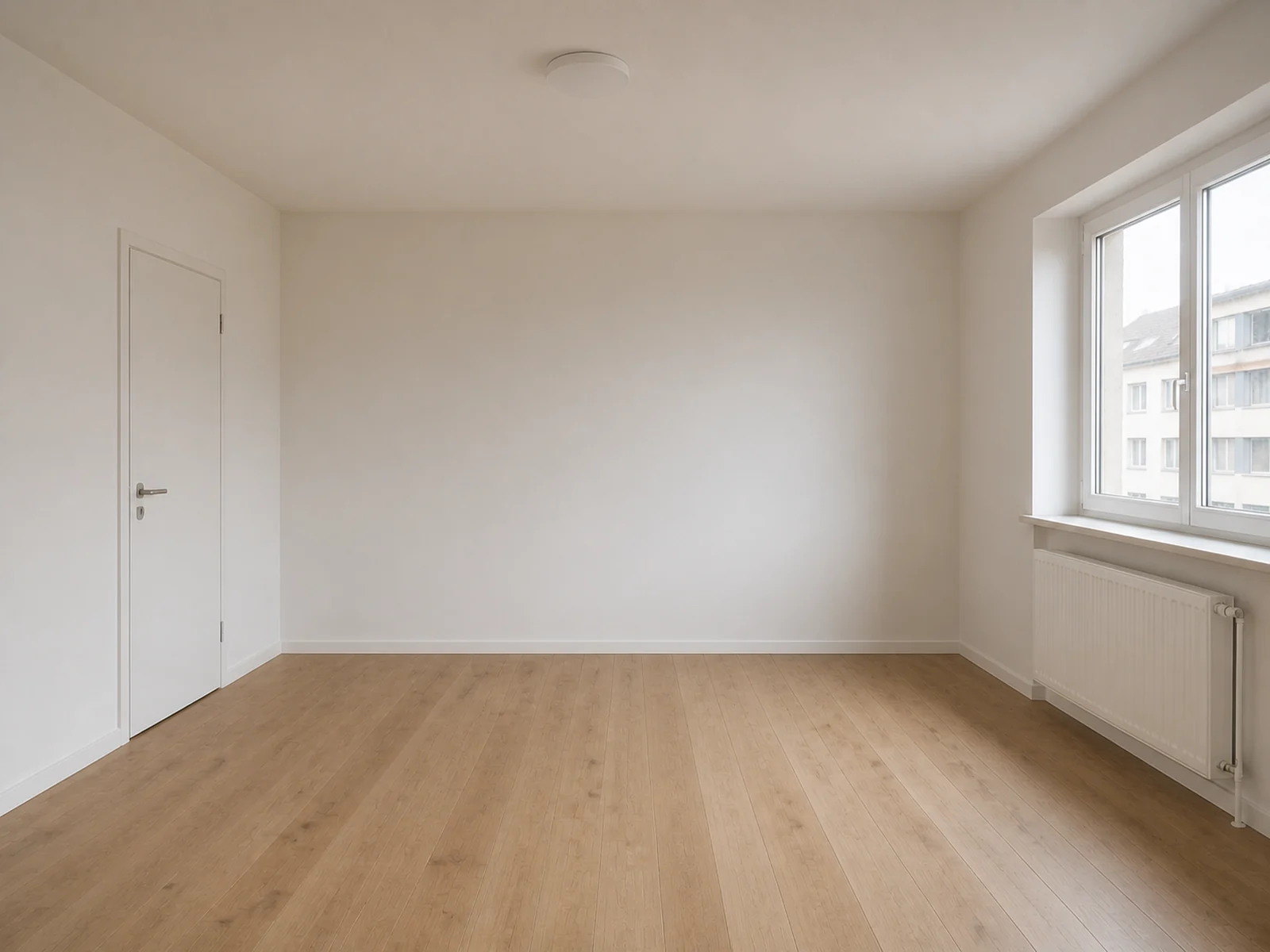Renoviertes Zimmer mit hellem Dielenboden, glatten weißen Wänden und weißem Fensterrahmen